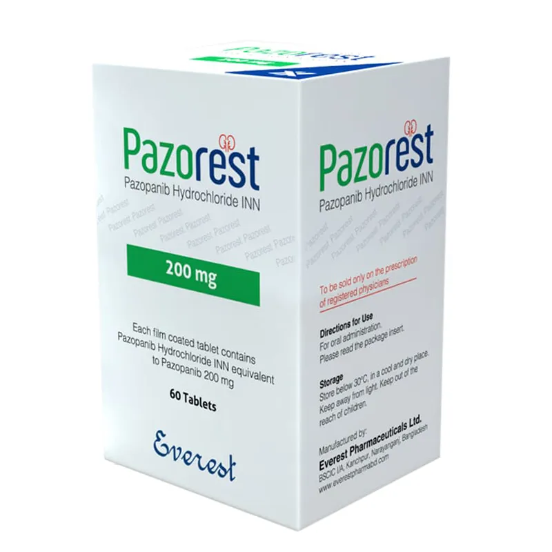 Pazorest 200 mg Pazopanib hydrochloride box image Pazopanib Hydrochloride (Pazorest) 200 mg Tablets