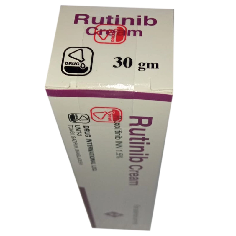 Rutinib Cream Original box Vertical view (Ruxolitinib) 1.5% INN Rutinib cream original tube package vertical view
