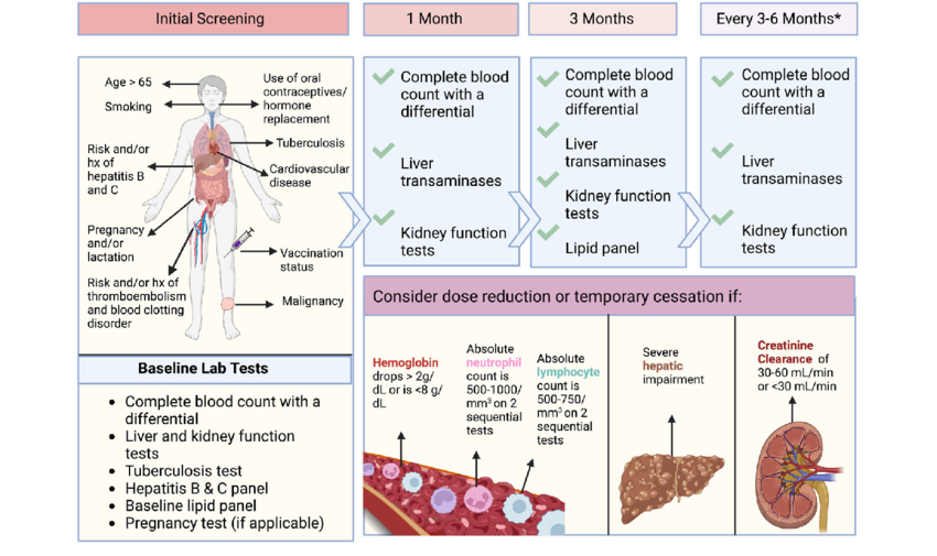 JAK Inhibitors | Patient Guide to Clinical Efficacy, Safety, and Treatment Outcomes 2 Screening and laboratory monitoring for patients on JAK inhibitors Depending on prior