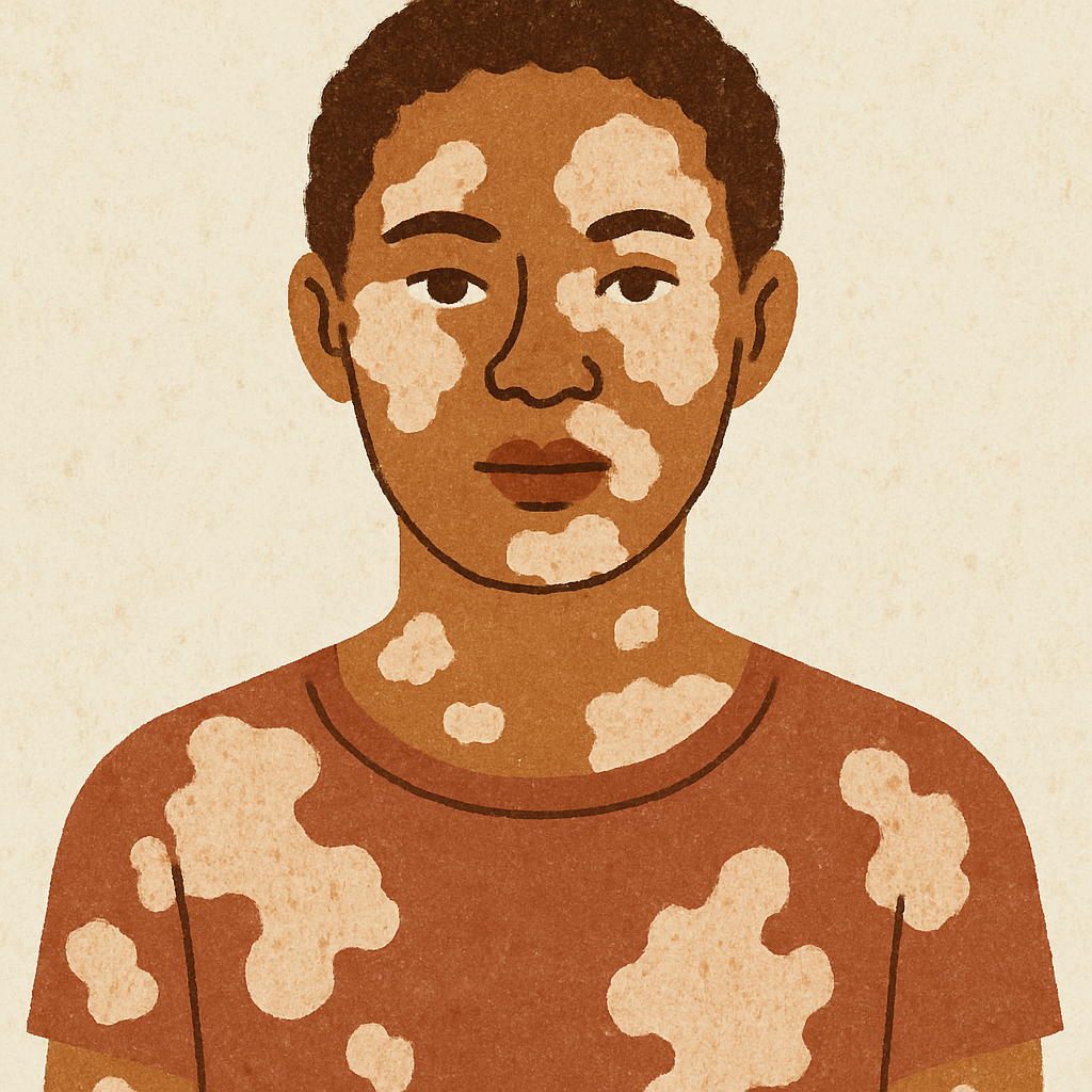 Illustration of a person with vitiligo showing skin patches