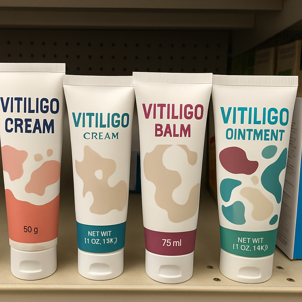 Image of various vitiligo creams on a shelf